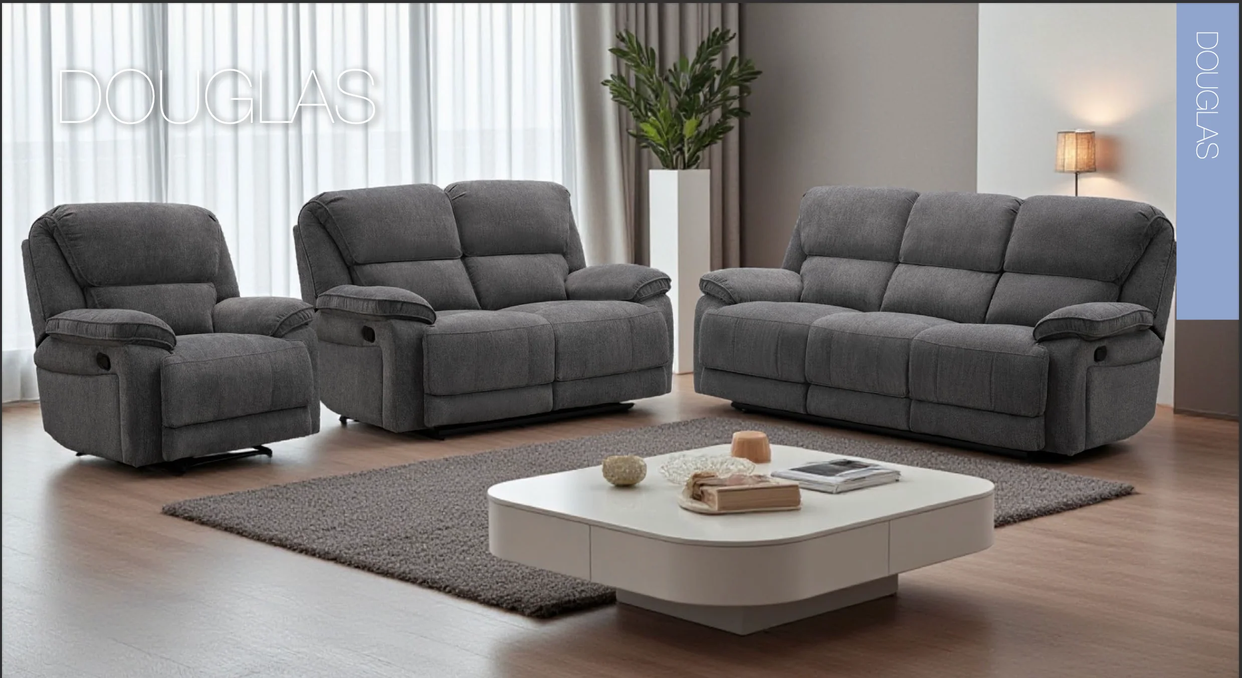 DOUGLAS Dark Grey 3 Seater Recliner - Image 2