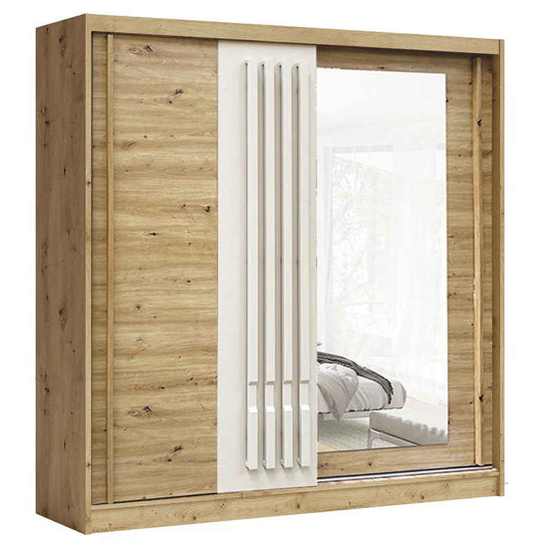AVANTGARDE 200cm Sliding Wardrobe - Oak & White with Full Mirror - Image 4